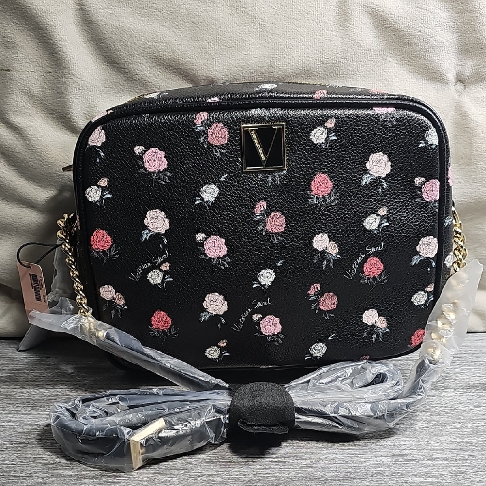 Victoria's Secret Black and Pink Floral Crossbody Bag